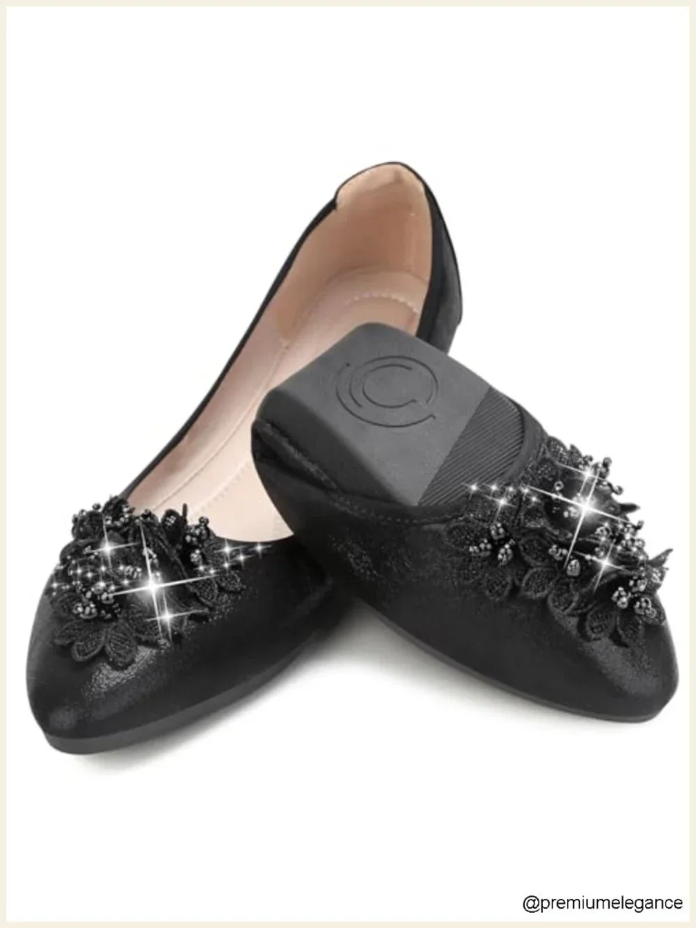 Women's Foldable Ballet Flats Rhinestone Bowknot PU Leather Pointed Toe Slip On